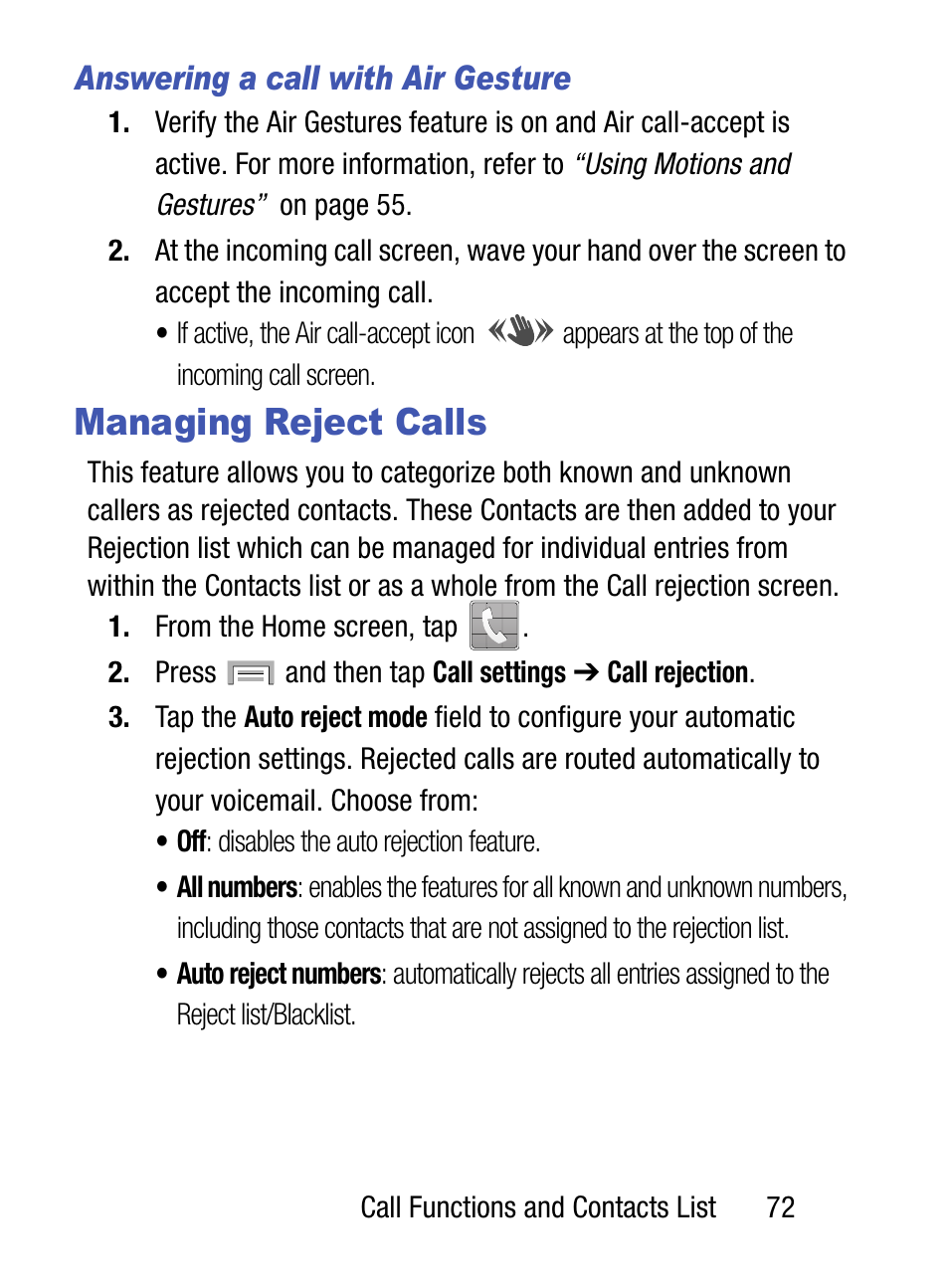 Managing reject calls, Answering a call with air gesture | Samsung SM-S975LZKATFN User Manual | Page 79 / 479
