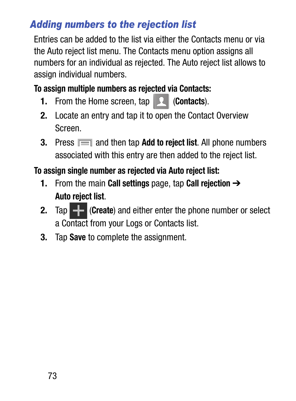 Adding numbers to the rejection list | Samsung SM-S975LZKATFN User Manual | Page 80 / 479