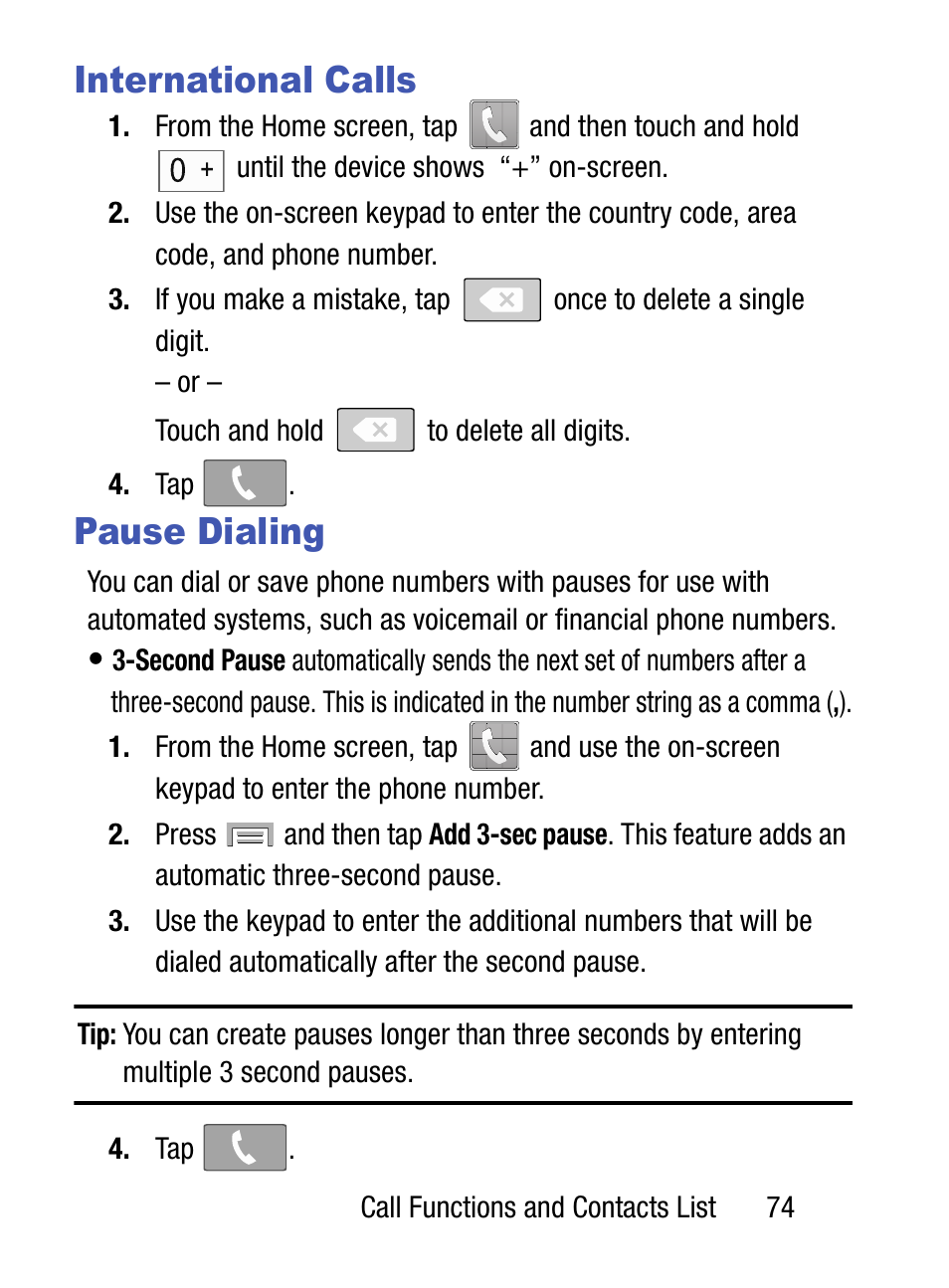 International calls, Pause dialing, International calls pause dialing | Samsung SM-S975LZKATFN User Manual | Page 81 / 479