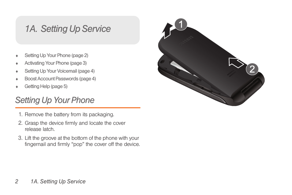 1a. setting up service, Setting up your phone | Samsung SPH-M260ZKABST User Manual | Page 10 / 113
