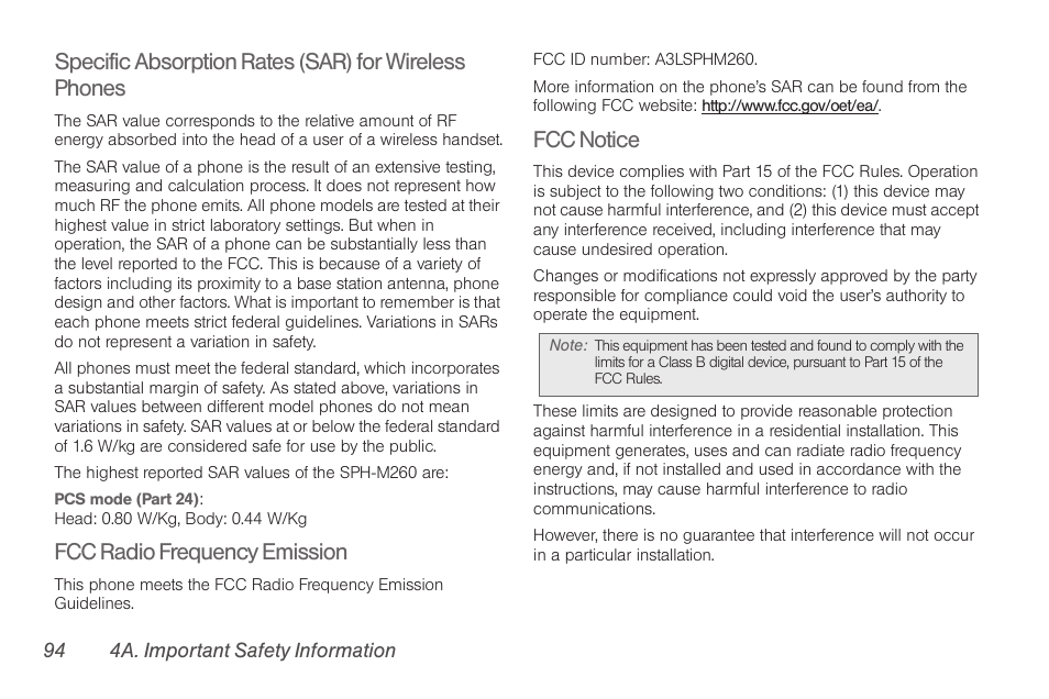 Fcc radio frequency emission, Fcc notice | Samsung SPH-M260ZKABST User Manual | Page 100 / 113