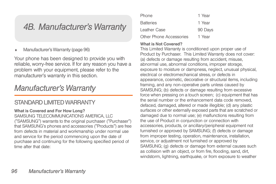 4b. manufacturer’s warranty, Manufacturer’s warranty, Standard limited warranty | Samsung SPH-M260ZKABST User Manual | Page 102 / 113
