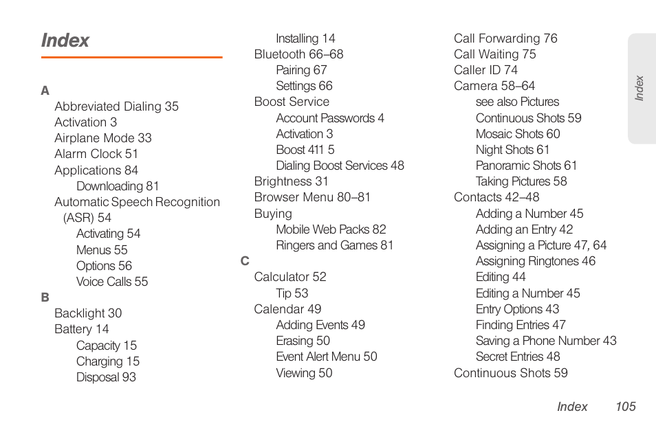 Index | Samsung SPH-M260ZKABST User Manual | Page 110 / 113