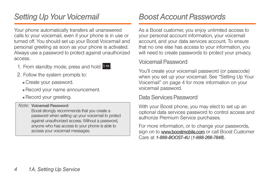 Setting up your voicemail, Boost account passwords | Samsung SPH-M260ZKABST User Manual | Page 12 / 113