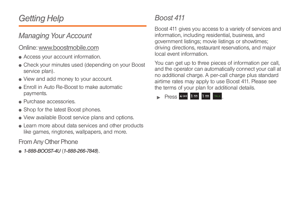 Getting help, Managing your account, Boost 411 | Samsung SPH-M260ZKABST User Manual | Page 13 / 113