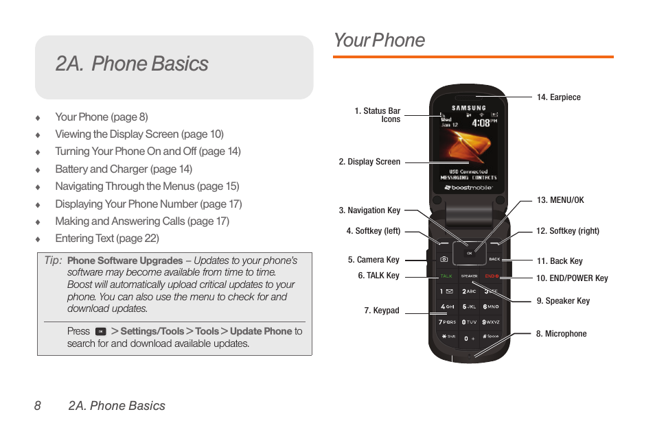 2a. phone basics, Your phone | Samsung SPH-M260ZKABST User Manual | Page 15 / 113