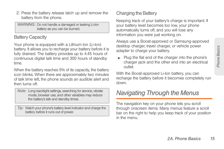 Navigating through the menus | Samsung SPH-M260ZKABST User Manual | Page 22 / 113