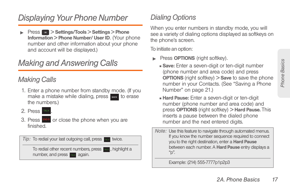 Displaying your phone number, Making and answering calls, Making calls | Dialing options | Samsung SPH-M260ZKABST User Manual | Page 24 / 113