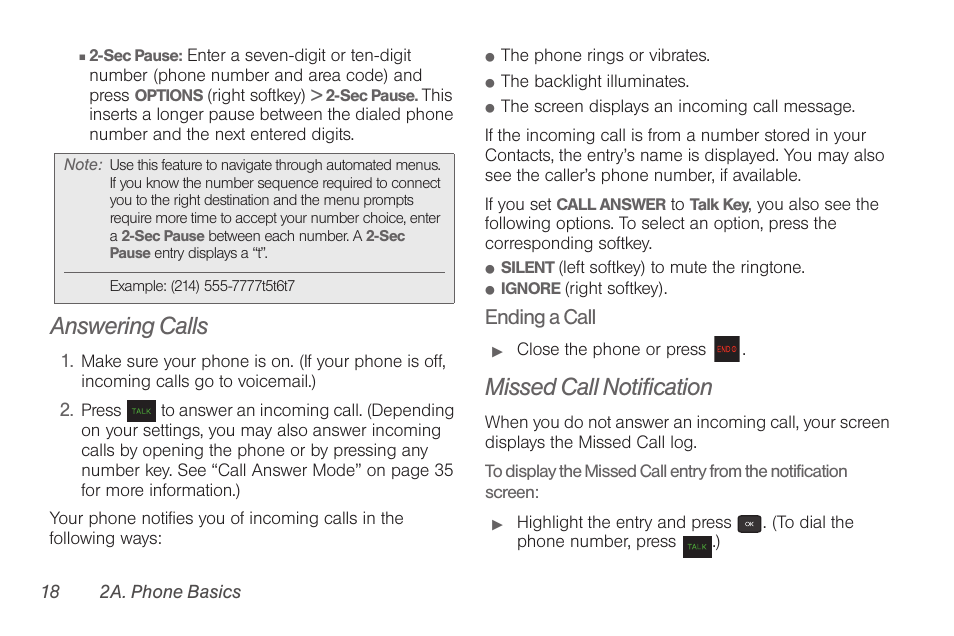 Answering calls, Missed call notification, Ending a call | Samsung SPH-M260ZKABST User Manual | Page 25 / 113