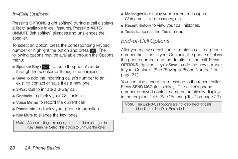 In-call options, End-of-call options | Samsung SPH-M260ZKABST User Manual | Page 27 / 113
