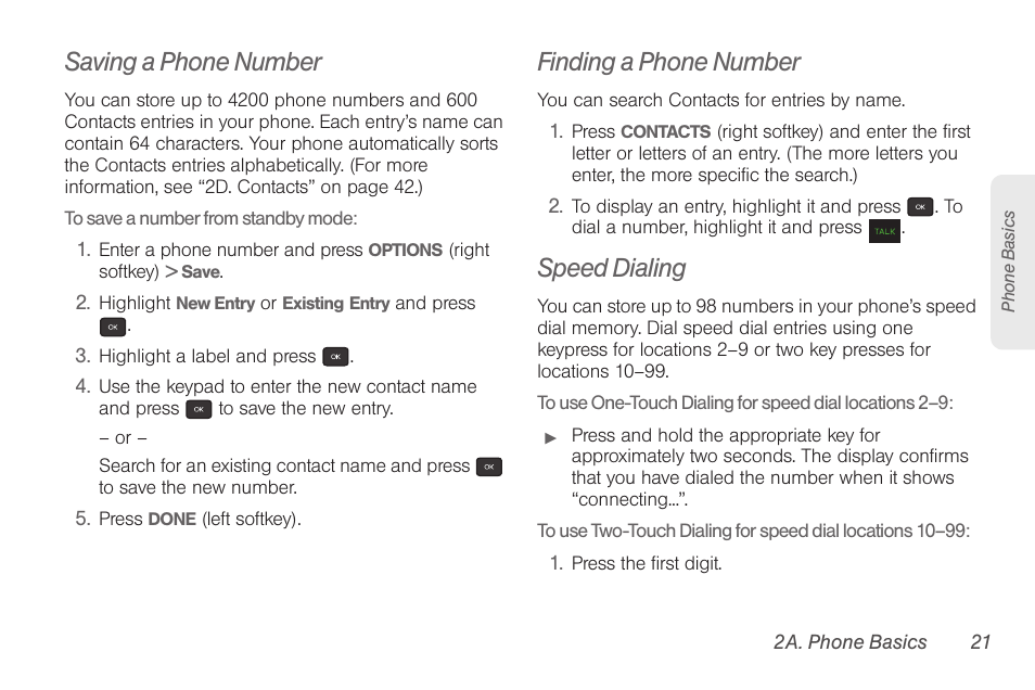 Saving a phone number, Finding a phone number, Speed dialing | Samsung SPH-M260ZKABST User Manual | Page 28 / 113