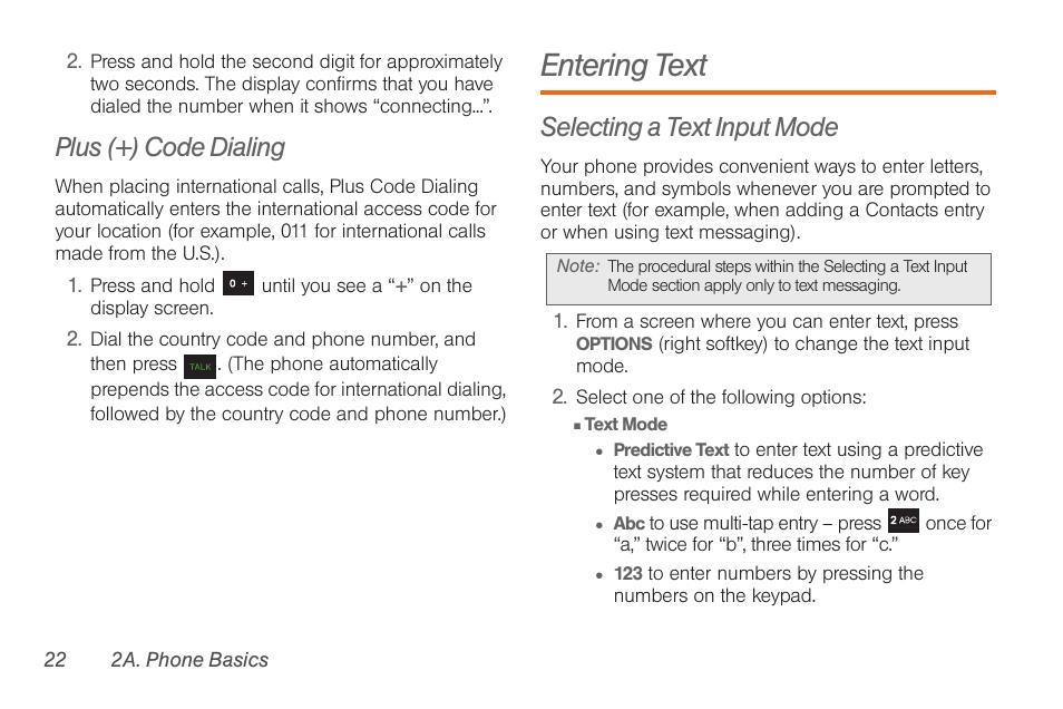 Plus (+) code dialing, Entering text, Selecting a text input mode | Samsung SPH-M260ZKABST User Manual | Page 29 / 113