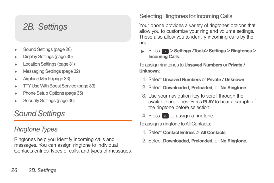 2b. settings, Sound settings, Ringtone types | Selecting ringtones for incoming calls | Samsung SPH-M260ZKABST User Manual | Page 33 / 113