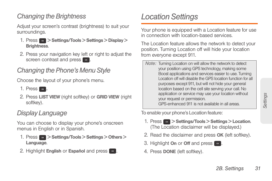 Changing the brightness, Changing the phone’s menu style, Display language | Location settings | Samsung SPH-M260ZKABST User Manual | Page 38 / 113