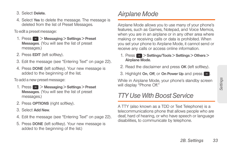 Airplane mode, Tty use with boost service | Samsung SPH-M260ZKABST User Manual | Page 40 / 113