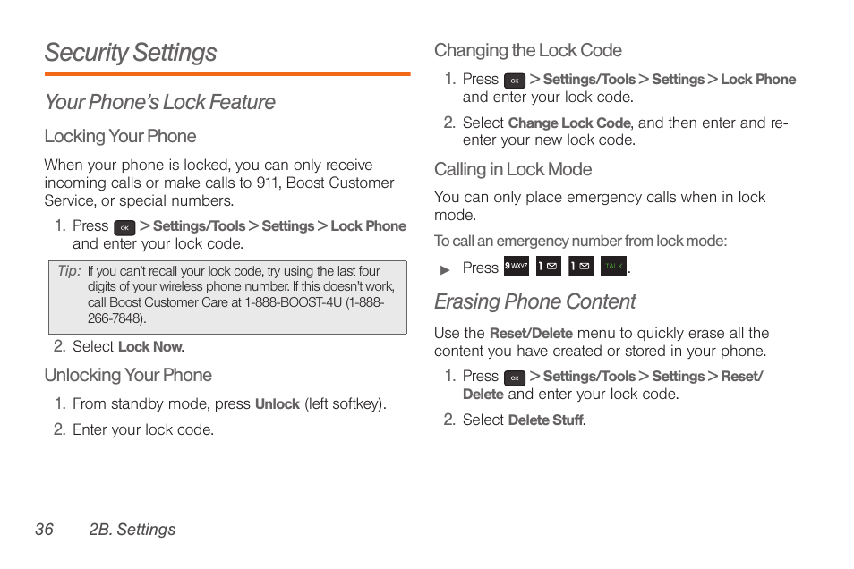 Security settings, Your phone’s lock feature, Erasing phone content | Samsung SPH-M260ZKABST User Manual | Page 43 / 113