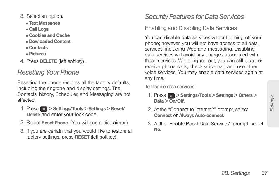 Resetting your phone, Security features for data services | Samsung SPH-M260ZKABST User Manual | Page 44 / 113