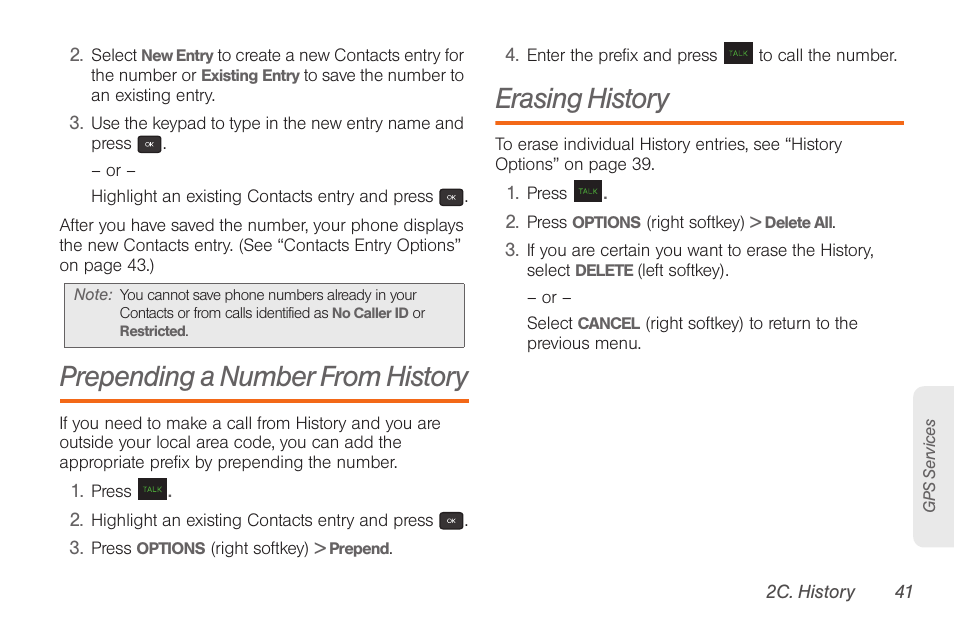 Prepending a number from history, Erasing history | Samsung SPH-M260ZKABST User Manual | Page 48 / 113