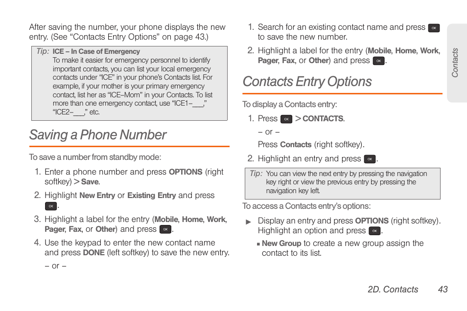 Saving a phone number, Contacts entry options | Samsung SPH-M260ZKABST User Manual | Page 50 / 113