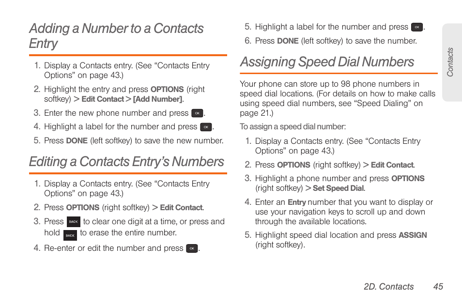Adding a number to a contacts entry, Editing a contacts entry’s numbers, Assigning speed dial numbers | Assigning speed dial | Samsung SPH-M260ZKABST User Manual | Page 52 / 113