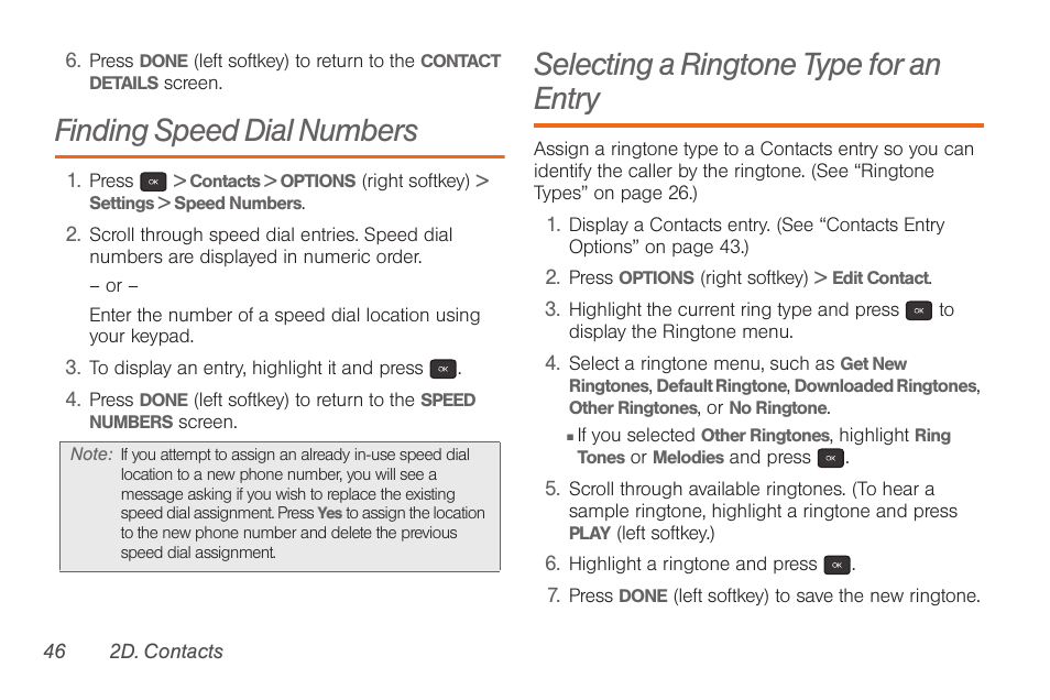 Finding speed dial numbers, Selecting a ringtone type for an entry | Samsung SPH-M260ZKABST User Manual | Page 53 / 113