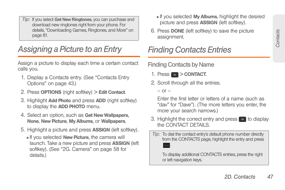 Assigning a picture to an entry, Finding contacts entries | Samsung SPH-M260ZKABST User Manual | Page 54 / 113