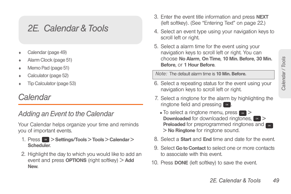 2e. calendar & tools, Calendar, Adding an event to the calendar | Samsung SPH-M260ZKABST User Manual | Page 56 / 113