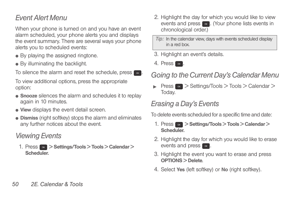 Event alert menu, Viewing events, Going to the current day’s calendar menu | Erasing a day’s events | Samsung SPH-M260ZKABST User Manual | Page 57 / 113