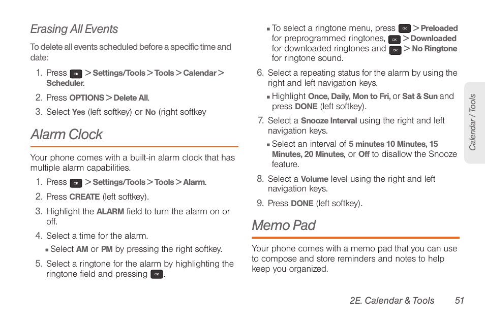 Erasing all events, Alarm clock, Memo pad | Samsung SPH-M260ZKABST User Manual | Page 58 / 113