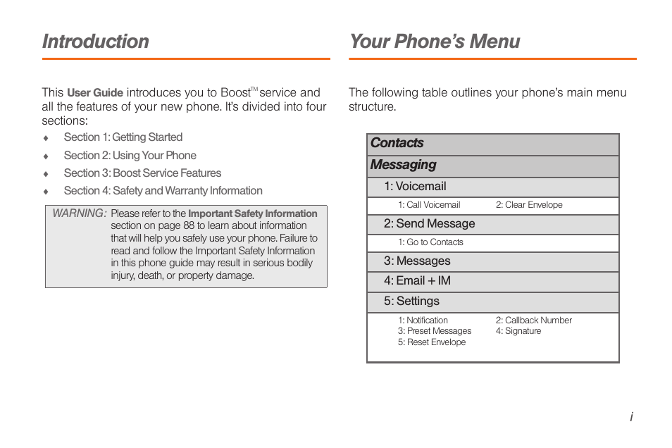 Introduction, Your phone’s menu | Samsung SPH-M260ZKABST User Manual | Page 6 / 113