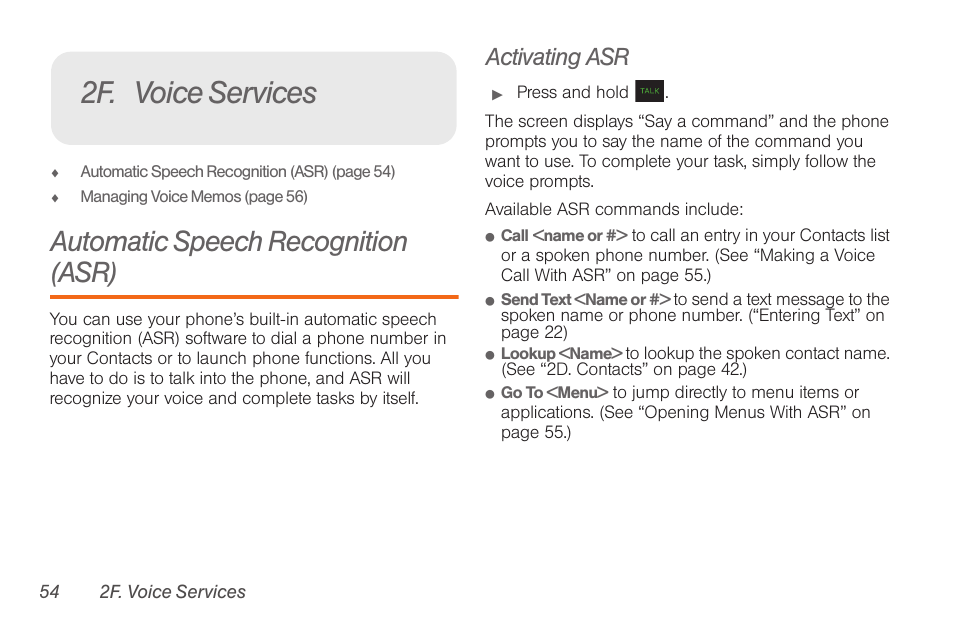 2f. voice services, Automatic speech recognition (asr), Activating asr | Samsung SPH-M260ZKABST User Manual | Page 61 / 113