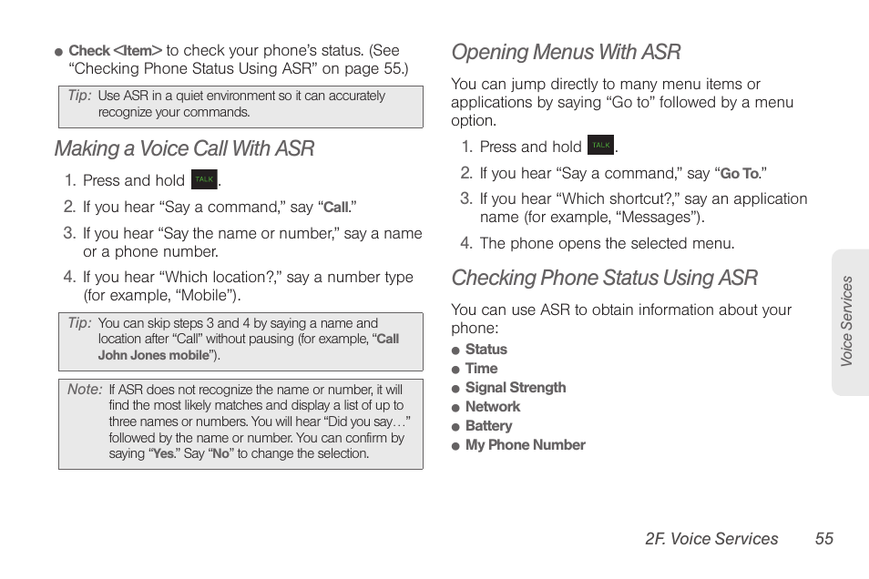Making a voice call with asr, Opening menus with asr, Checking phone status using asr | Samsung SPH-M260ZKABST User Manual | Page 62 / 113