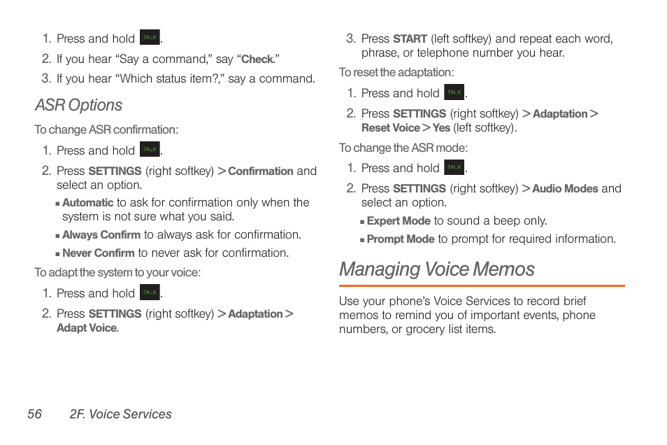 Asr options, Managing voice memos | Samsung SPH-M260ZKABST User Manual | Page 63 / 113