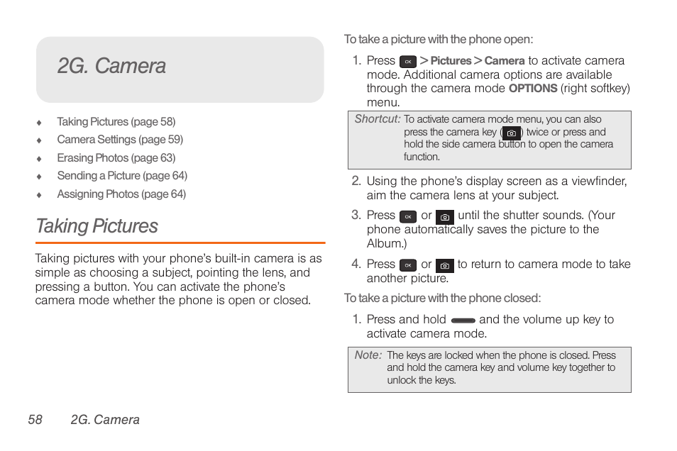 2g. camera, Taking pictures | Samsung SPH-M260ZKABST User Manual | Page 65 / 113