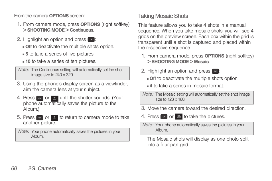 Taking mosaic shots | Samsung SPH-M260ZKABST User Manual | Page 67 / 113