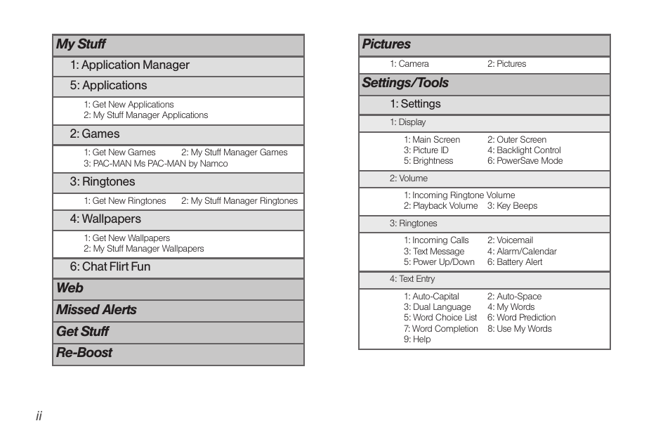 My stuff, Web missed alerts get stuff re-boost pictures, Settings/tools | Samsung SPH-M260ZKABST User Manual | Page 7 / 113