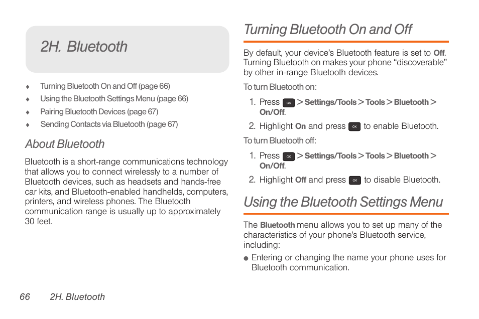 2h. bluetooth, About bluetooth, Turning bluetooth on and off | Using the bluetooth settings menu | Samsung SPH-M260ZKABST User Manual | Page 73 / 113