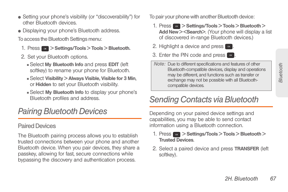 Pairing bluetooth devices, Sending contacts via bluetooth | Samsung SPH-M260ZKABST User Manual | Page 74 / 113
