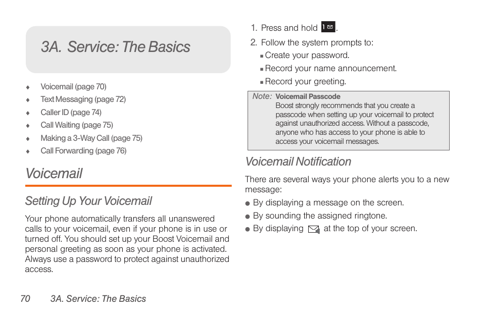 3a. service: the basics, Voicemail, Setting up your voicemail | Voicemail notification | Samsung SPH-M260ZKABST User Manual | Page 77 / 113