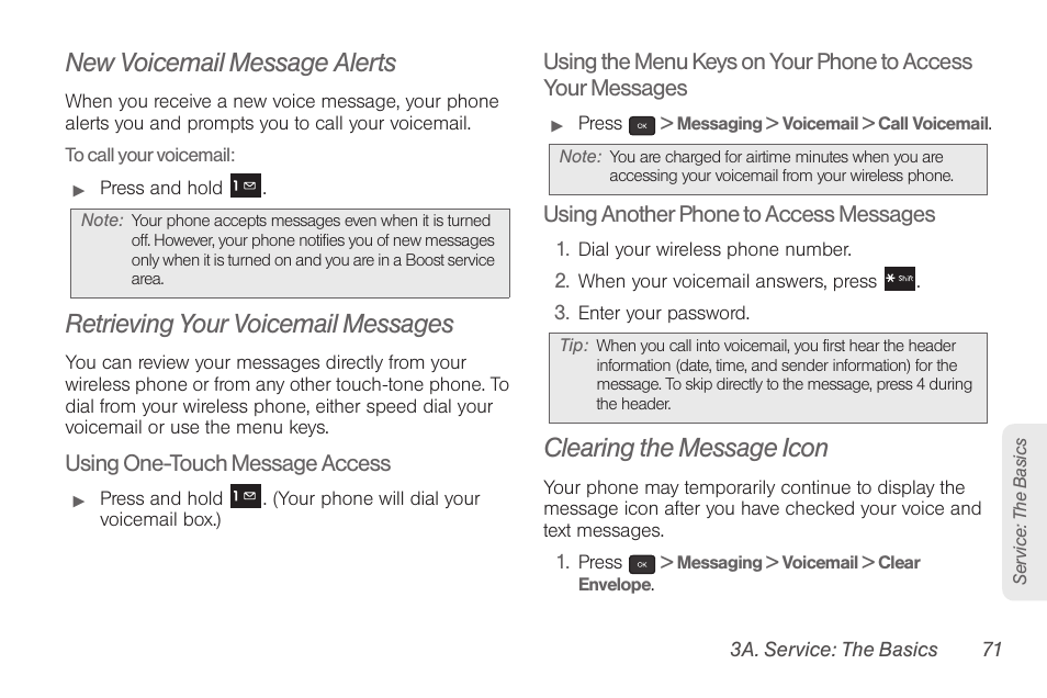 New voicemail message alerts, Retrieving your voicemail messages, Clearing the message icon | Samsung SPH-M260ZKABST User Manual | Page 78 / 113