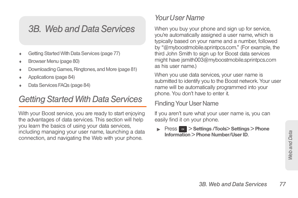 3b. web and data services, Getting started with data services, Your user name | Samsung SPH-M260ZKABST User Manual | Page 84 / 113