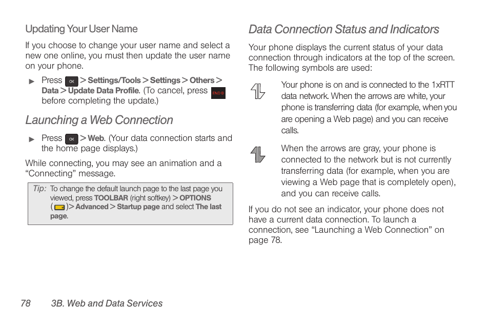 Launching a web connection, Data connection status and indicators, Updating your user name | Samsung SPH-M260ZKABST User Manual | Page 85 / 113