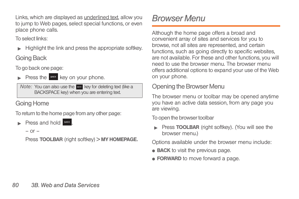Browser menu, Going back, Going home | Opening the browser menu | Samsung SPH-M260ZKABST User Manual | Page 87 / 113