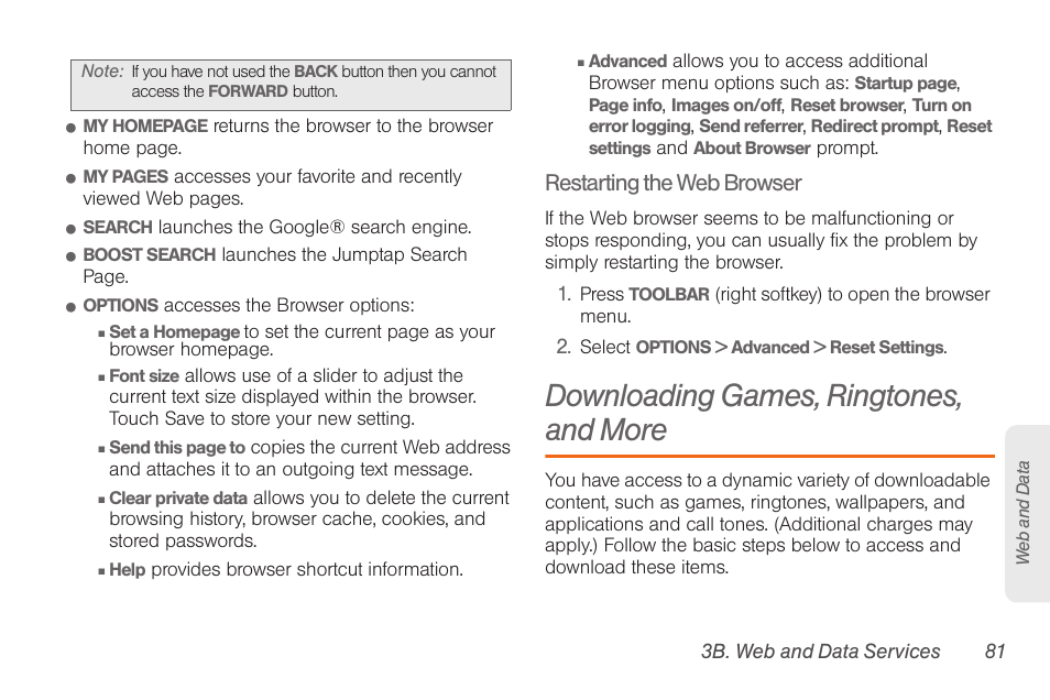 Downloading games, ringtones, and more, Restarting the web browser | Samsung SPH-M260ZKABST User Manual | Page 88 / 113