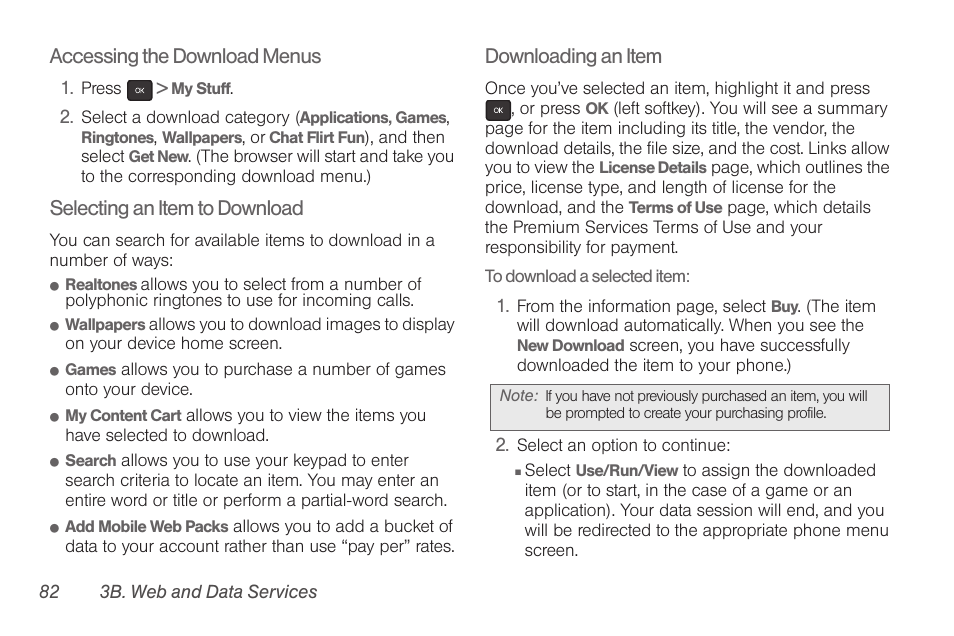 Accessing the download menus, Selecting an item to download, Downloading an item | Samsung SPH-M260ZKABST User Manual | Page 89 / 113