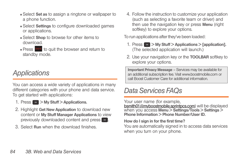 Applications, Data services faqs | Samsung SPH-M260ZKABST User Manual | Page 91 / 113
