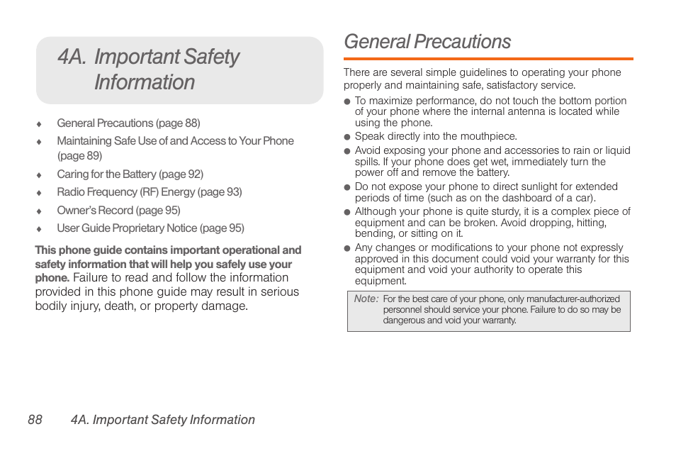 4a. important safety information, General precautions | Samsung SPH-M260ZKABST User Manual | Page 94 / 113