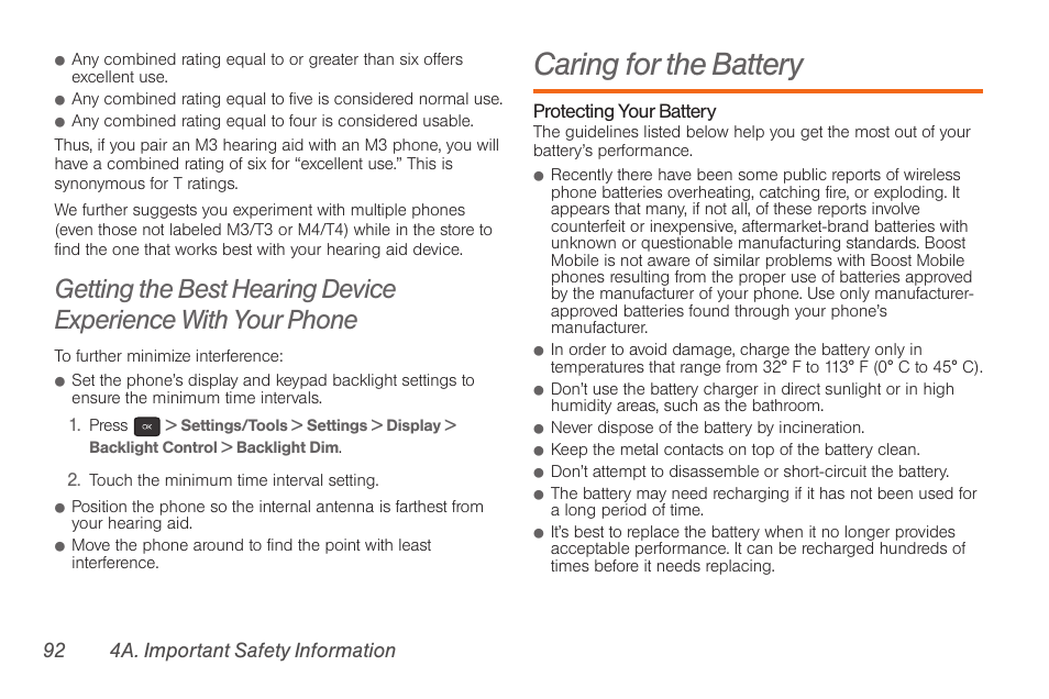 Caring for the battery | Samsung SPH-M260ZKABST User Manual | Page 98 / 113