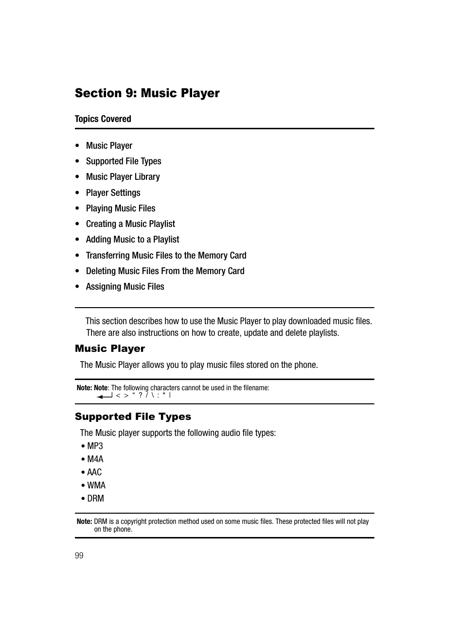 Section 9: music player, Music player supported file types | Samsung SGH-T539ABBTMB User Manual | Page 102 / 177