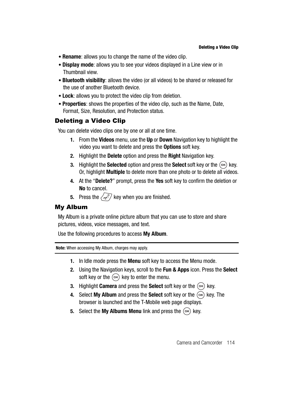 Deleting a video clip my album, Deleting a video clip, My album | Samsung SGH-T539ABBTMB User Manual | Page 117 / 177